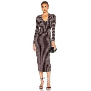 Fleur Du Mal Mitered Long Sleeve Body Midi Dress Striped Glitter Size Large